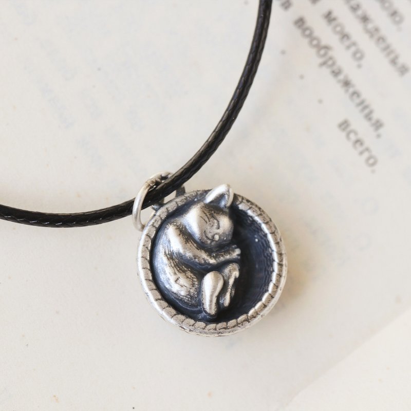 赖床猫 925纯银项链 猫奴必收。个性 动物 手工 绳项链 女生礼物 - 项链 - 纯银 银色