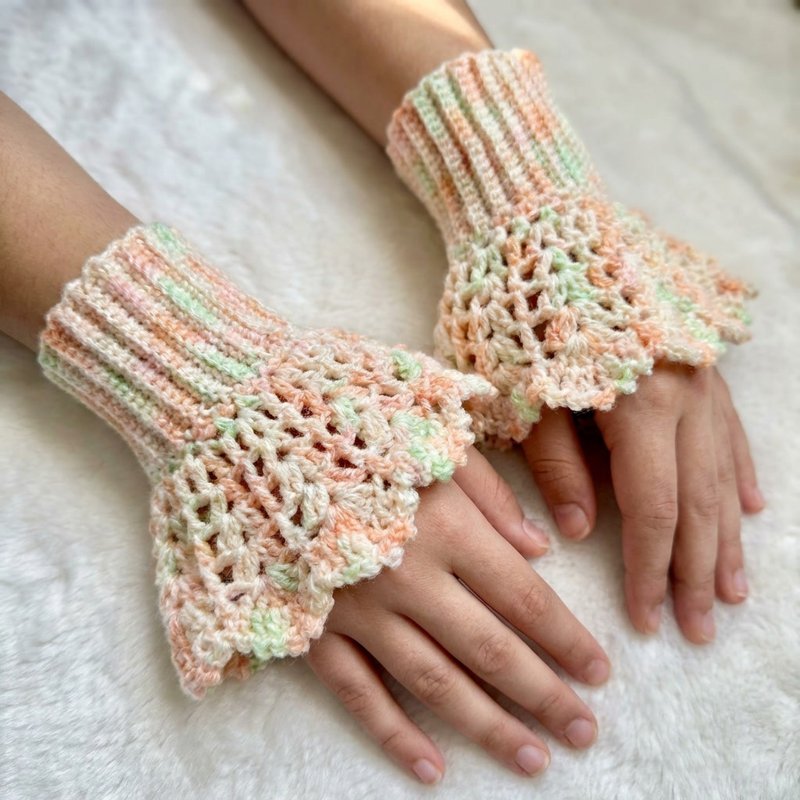 【钩钩手】柔色编织无指手套/花边镂空设计 - 手套 - 棉．麻 