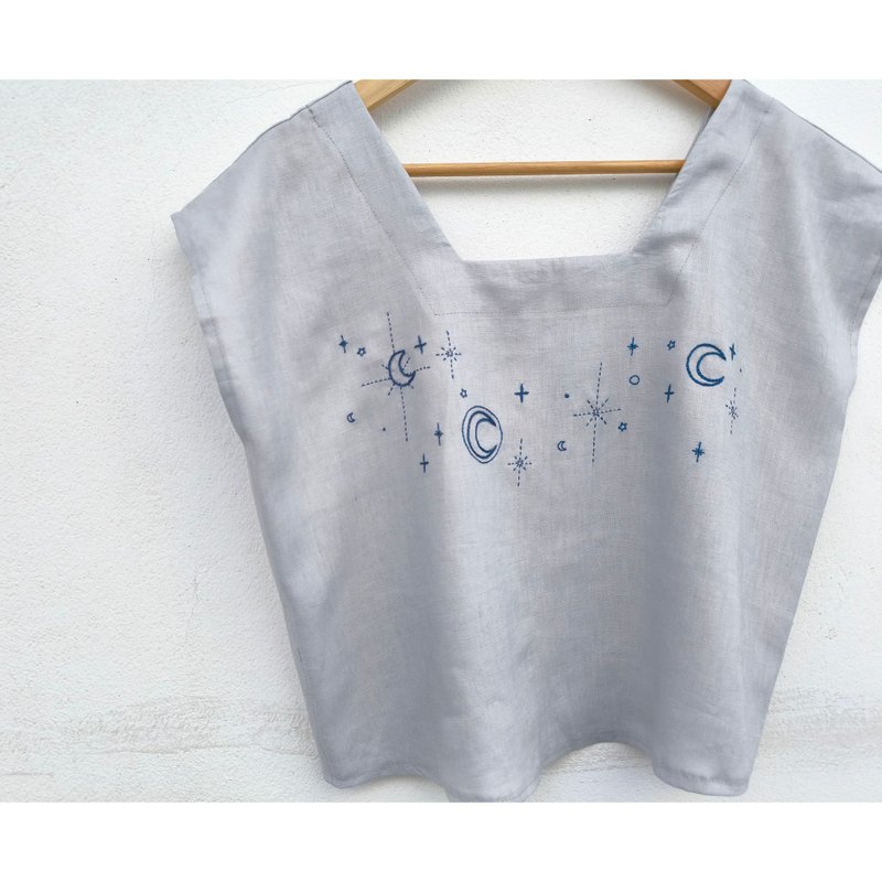 刺绣 | 亚麻 | 灰色方领上衣 - 女装衬衫 - 棉．麻 灰色