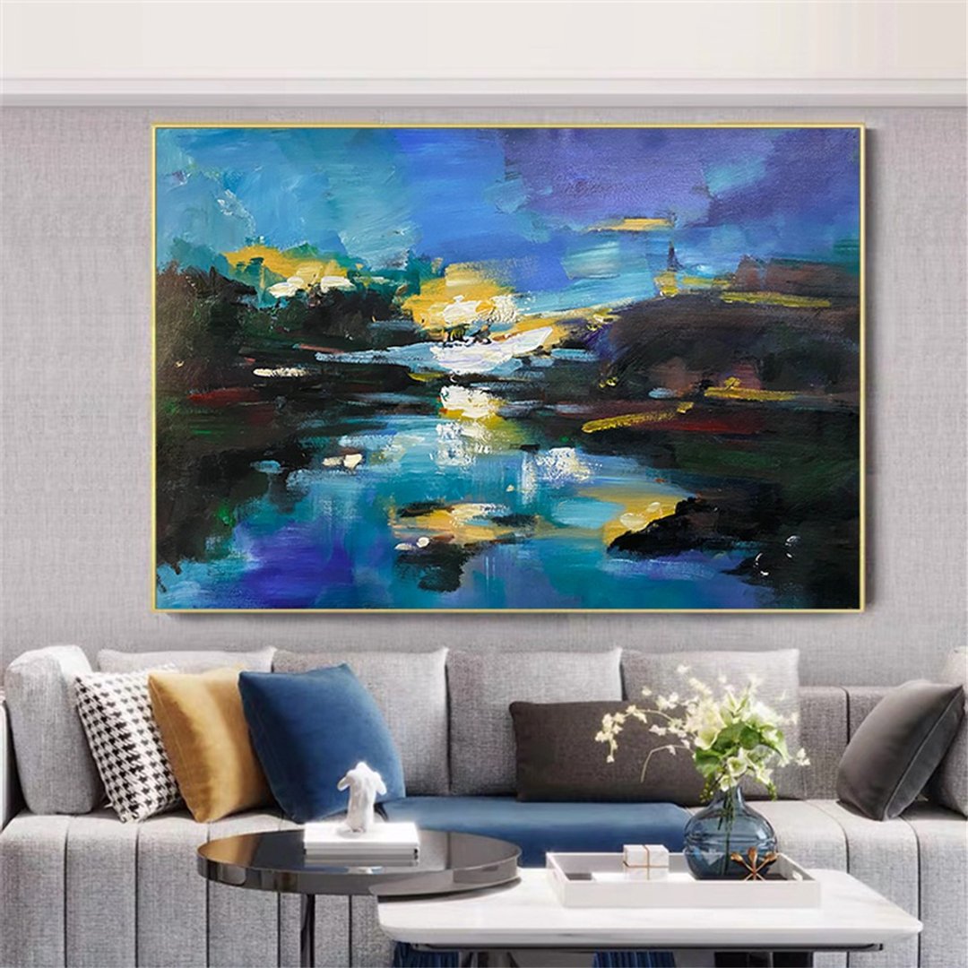 湖光山色 湖景肌理画/手绘丙烯抽象画/原创装饰画/客厅挂画/蓝色 - 海报/装饰画/版画 - 亚麻 蓝色