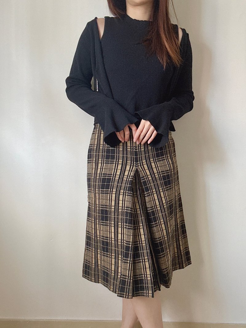 名牌古着 Lanvin 浪梵 法国制 羊毛 格子裙 百折裙 半裙 秋冬 - 裙子 - 羊毛 咖啡色