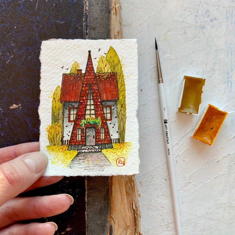 Red house art Miniature Original painting Modern artwork by Rubinova - 海报/装饰画/版画 - 纸 红色