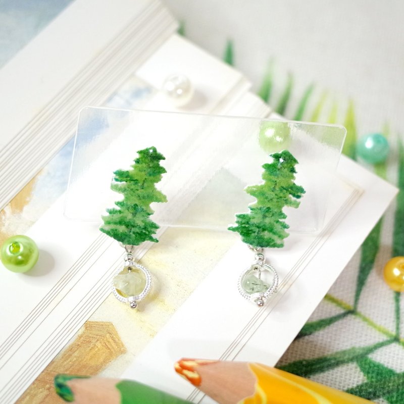 台湾特有种 台湾二叶松 葡萄石 绘画耳环 耳针/耳夹 - 耳环/耳夹 - 防水材质 绿色