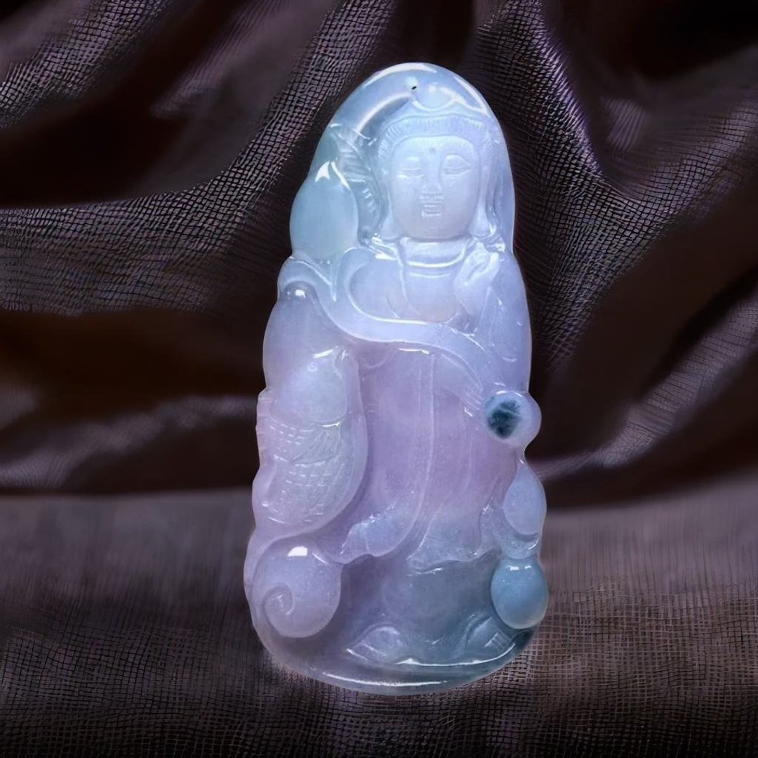 冰种紫罗兰飘花翡翠精雕观音菩萨 | 天然缅甸玉翡翠A货 | 送礼 - 吊饰 - 玉石 紫色