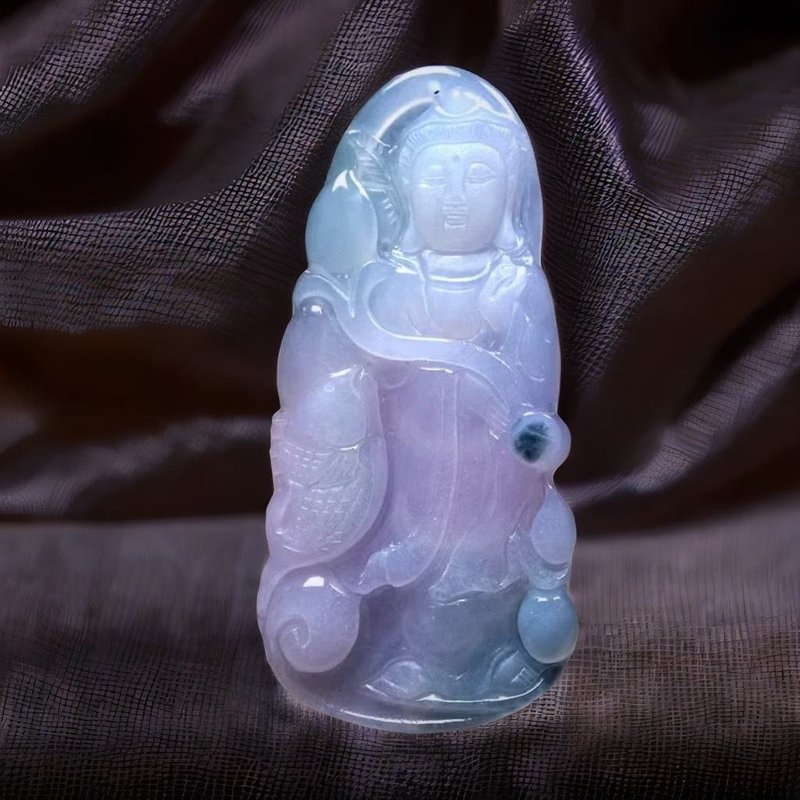 冰种紫罗兰飘花翡翠精雕观音菩萨 | 天然缅甸玉翡翠A货 | 送礼 - 吊饰 - 玉石 紫色
