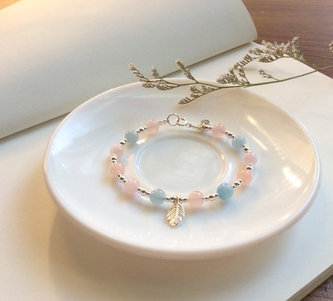 Ops Morganite silver  bracelet-摩根石/海蓝宝/925silver/羽毛/恋爱/天然石/手链 - 手链/手环 - 宝石 多色