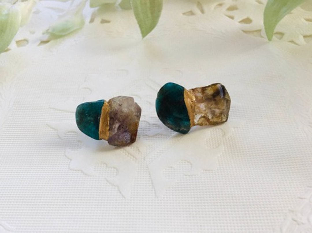 Made-to-order Kintsugi Natural Stone Earrings Apatite, Super Seven - 耳环/耳夹 - 石头 蓝色