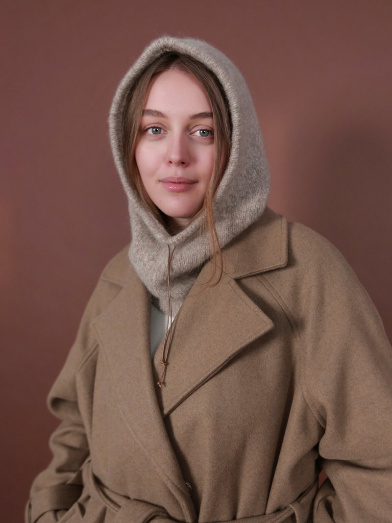 羊毛针织套头围巾  羊驼毛连帽头盔帽  男女通用头套  连帽围巾 - 帽子 - 羊毛 咖啡色