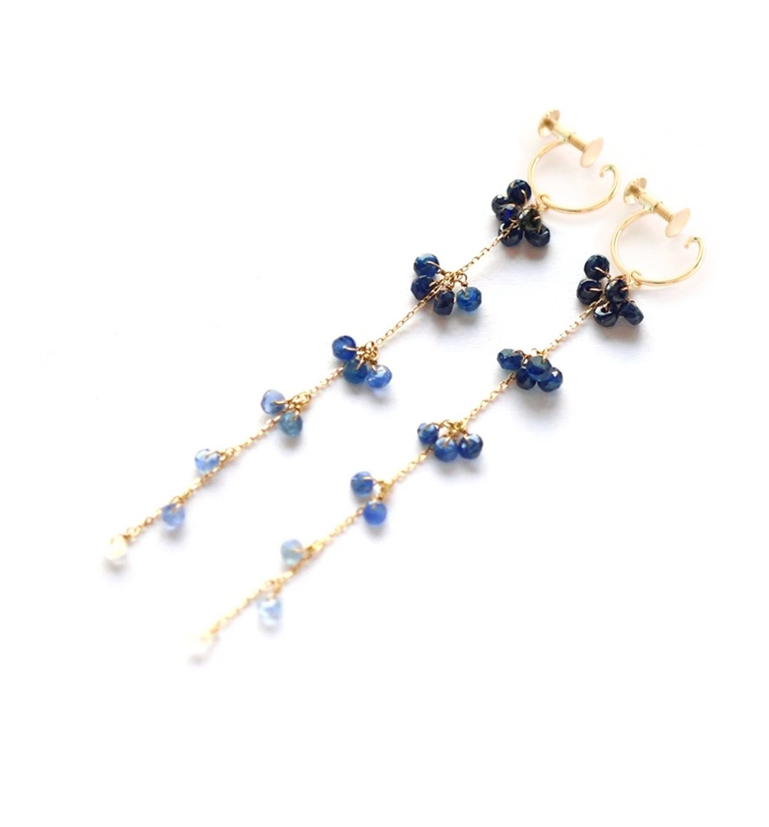 9月诞生石 K10 蓝宝石渐层长式耳环 ~ESPOIR~ - 耳环/耳夹 - 宝石 蓝色