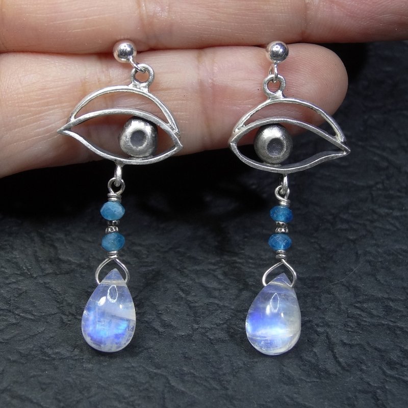 耳环 蓝光 月光石 蓝磷灰石 925银饰 眼睛 神秘之眼 宝石 饰品 - 耳环/耳夹 - 宝石 
