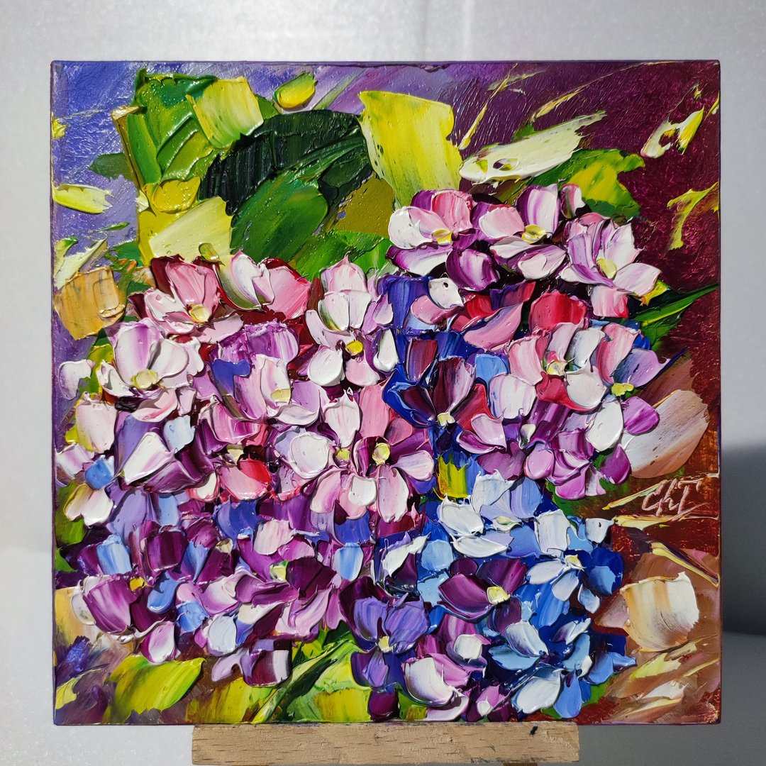 Hydrangea oil painting original art,Flowers artwork Floral small wall art 6*6 in - 海报/装饰画/版画 - 木头 多色