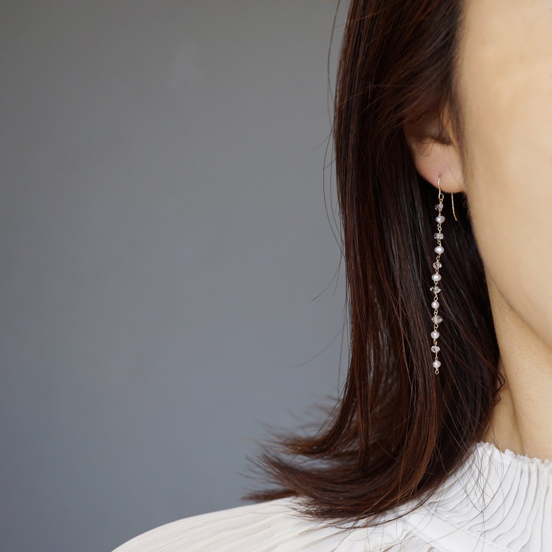 14kgf Mix Line Earrings - 耳环/耳夹 - 珍珠 金色