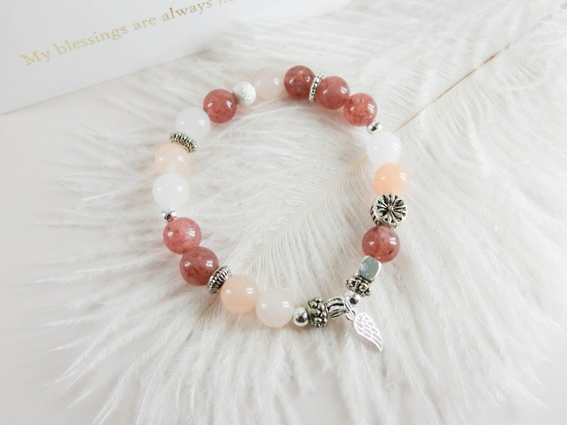 古典粉色天然石串珠银手链 │粉色白色系 玥unicorn 草莓晶 - 手链/手环 - 宝石 粉红色