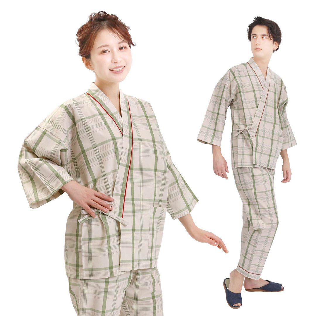 日本 和服 格子 作务衣 日式 休闲 室内服 睡衣 男女通用 浅褐色 - 中性连帽卫衣/T 恤 - 棉 卡其色