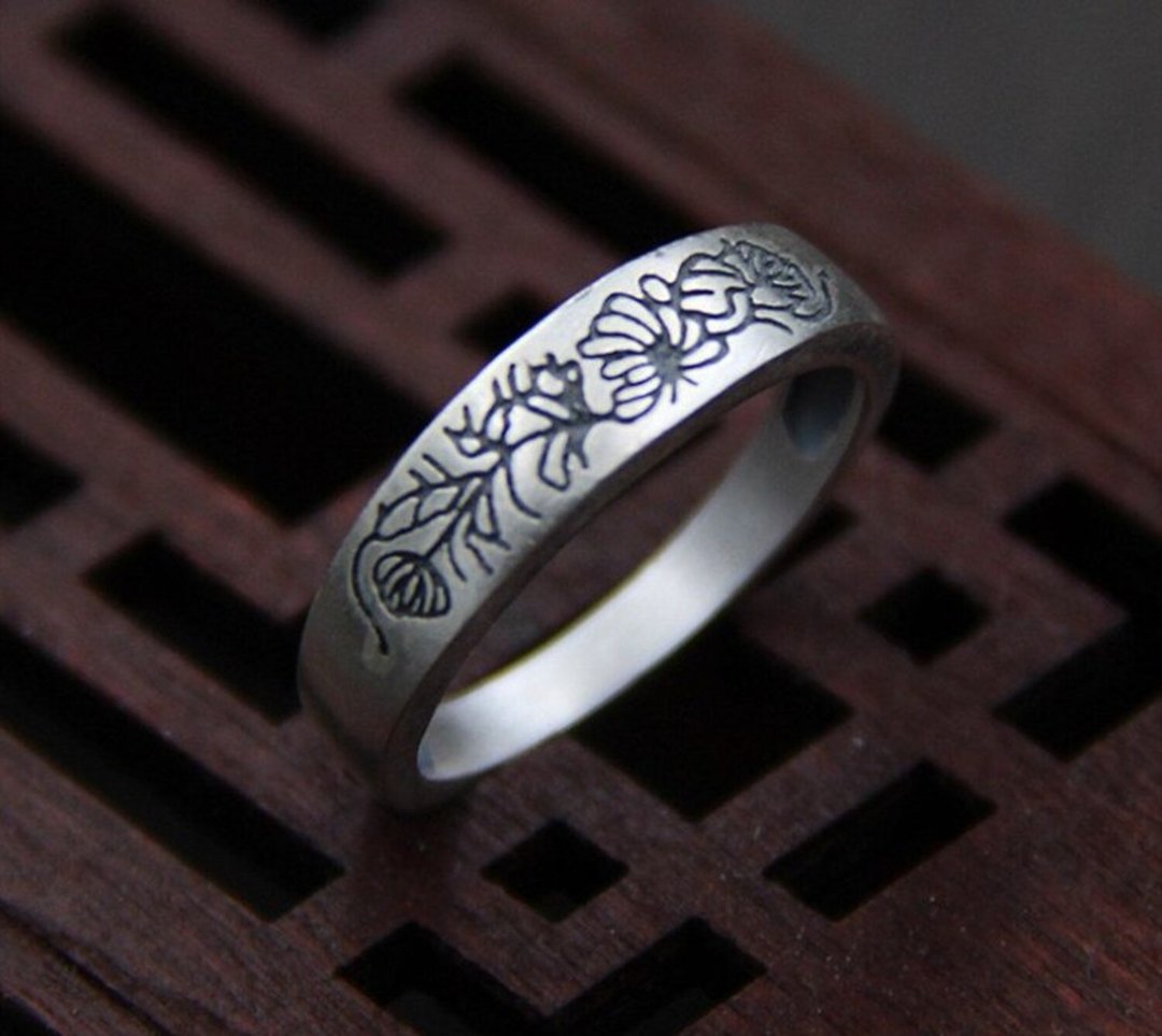 Real S 990 Vulcanized Silver Jewelry Women Engraved Vintage Flower Patterns Ring - 戒指 - 纯银 银色