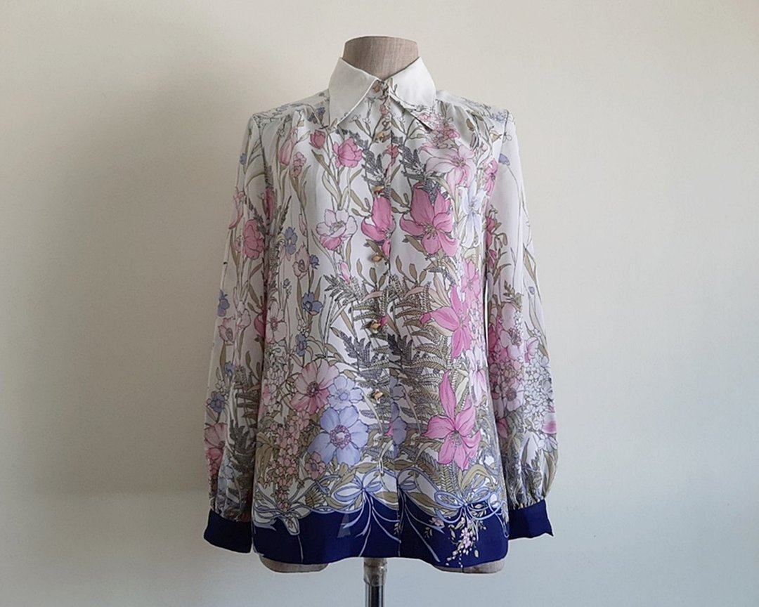 复古 80 年代印花雪纺衬衫 白色 粉色 长袖 钮扣衬衫 XS - 女装上衣 - 聚酯纤维 白色