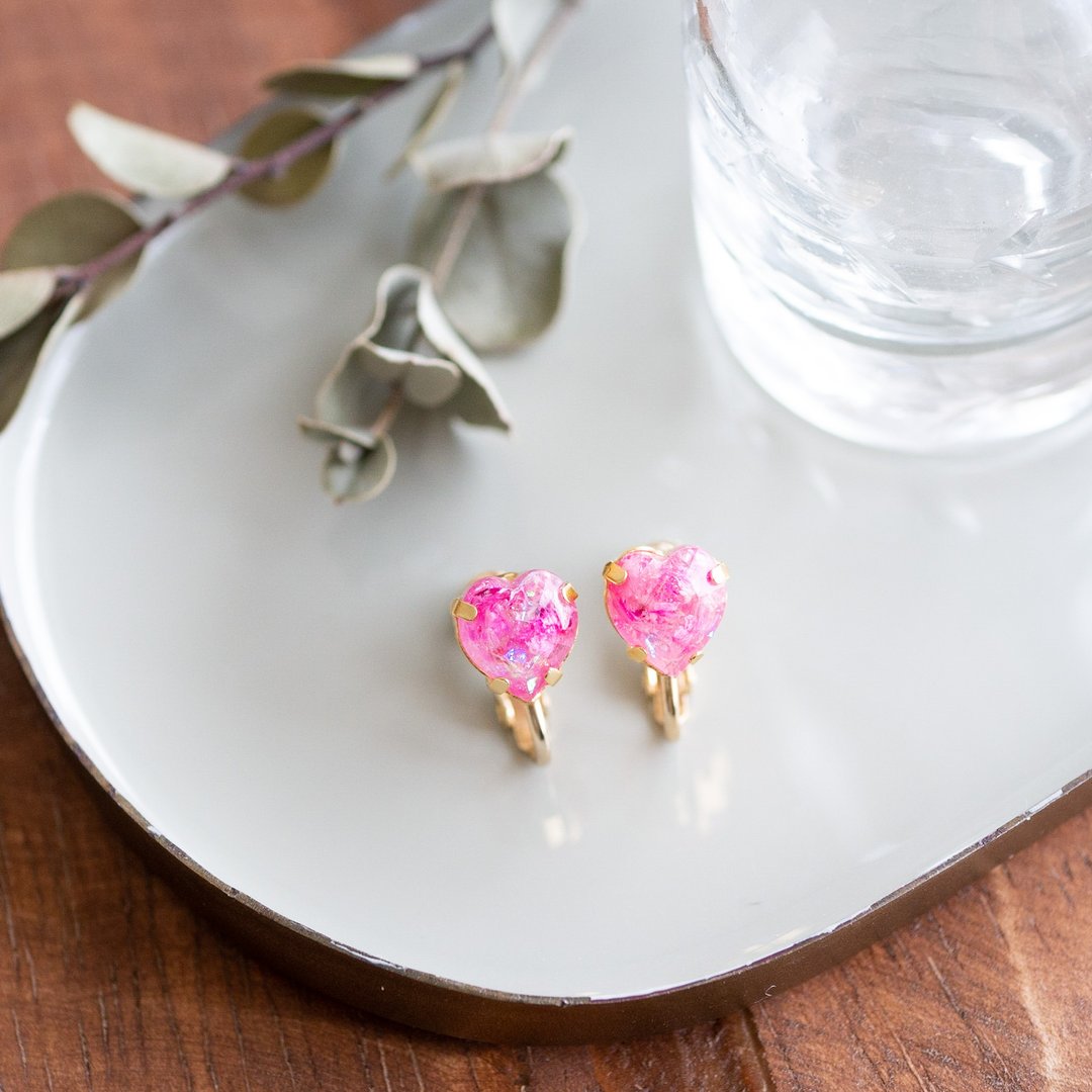 heart-shaped bijou/ Clip-On/hazy grass/pink/E-382 - 耳环/耳夹 - 树脂 粉红色