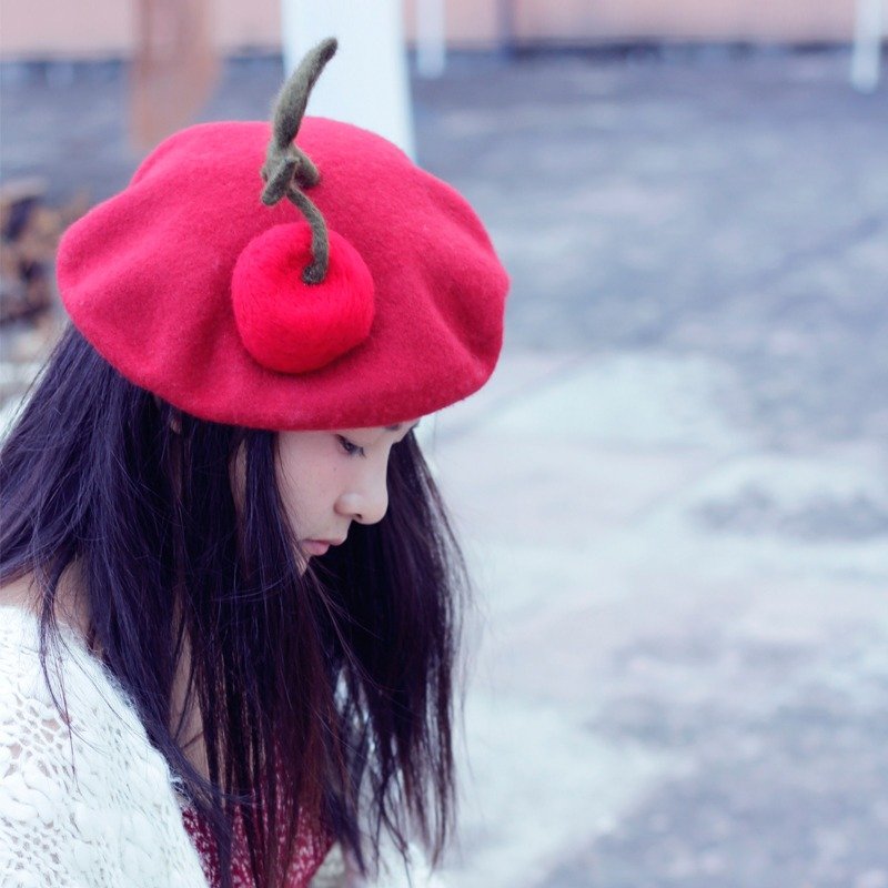 轲人手工原创羊毛毡贝雷帽女帽子潮画家帽羊毛毡蓓蕾帽 - 帽子 - 羊毛 红色