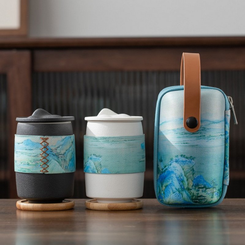 千里江山茶杯 粗陶泡茶杯 便携茶具 含底座便携包 七夕礼物情侣 - 茶具/茶杯 - 陶 
