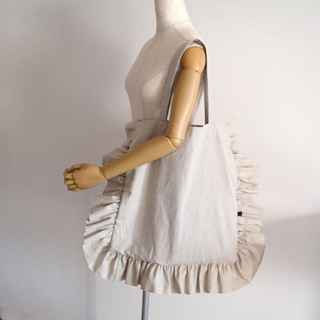 Half Linen plenty of frill gather big size tote bag unbleached - 手提包/手提袋 - 棉．麻 