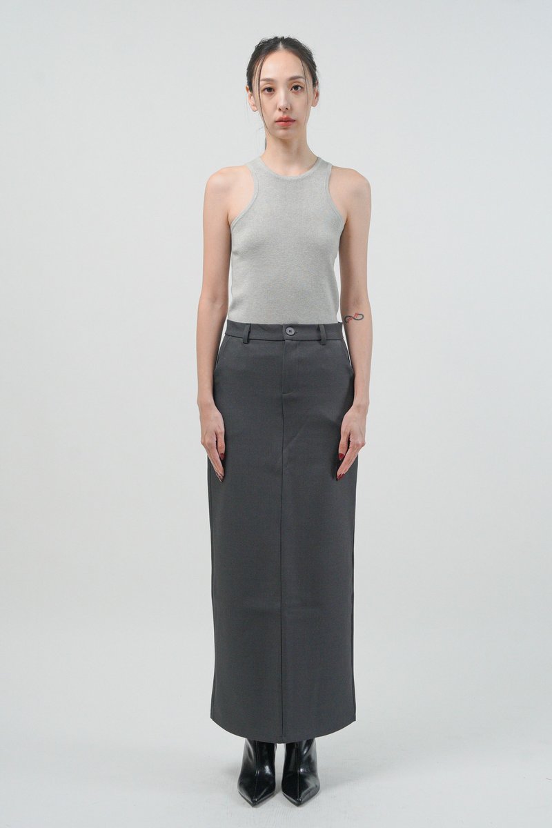 俐落后开衩直筒长裙 - 灰 - 裙子 - 聚酯纤维 灰色