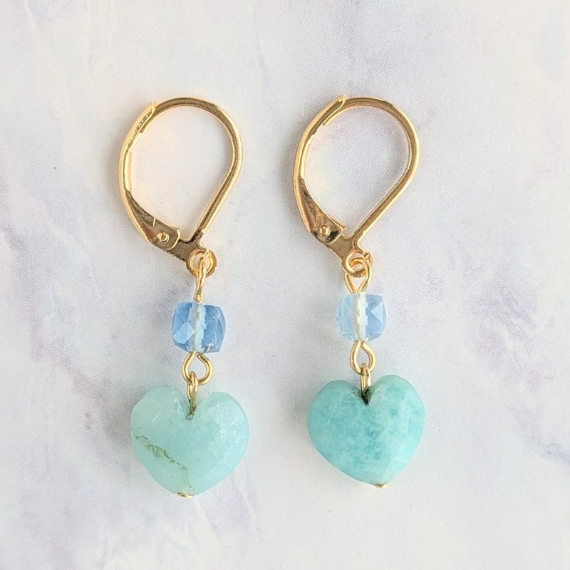 天然宝石耳环　天河石 海蓝宝　18金PVD镀金防 过敏挂勾款 - 耳环/耳夹 - 宝石 蓝色