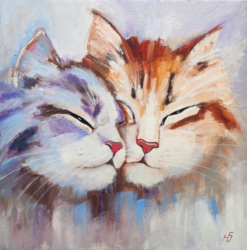 猫咪油画．成对猫咪．原创艺术．浪漫宠物肖像．手工油画，油画原作 - 海报/装饰画/版画 - 其他材质 多色