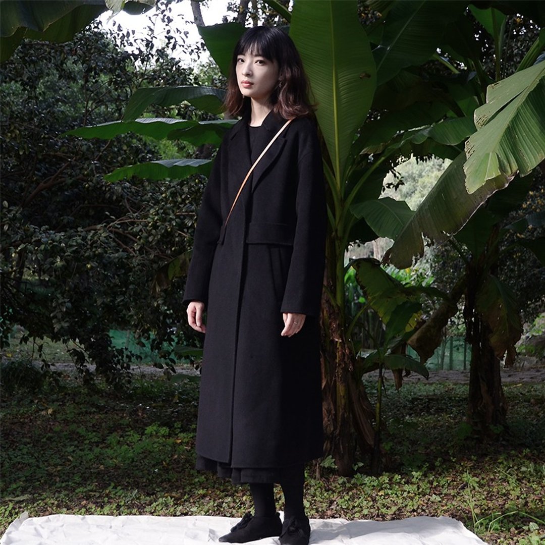 黑色双面羊绒大衣|大衣|羊毛+羊绒|独立品牌|Sora-70 - 女装上衣 - 羊毛 黑色