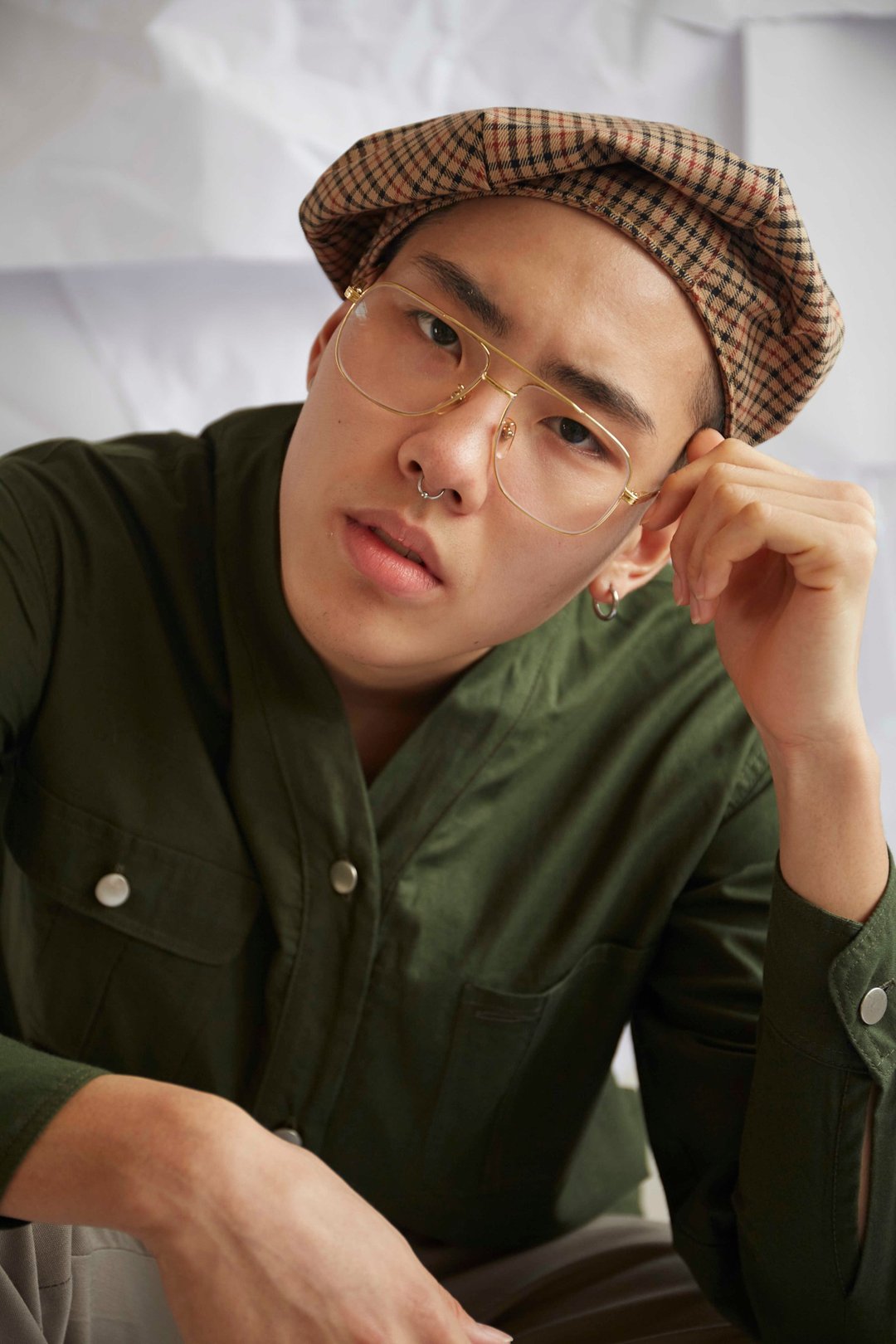 Dot Beret Hat (Brown Tartan) - 帽子 - 棉 咖啡色