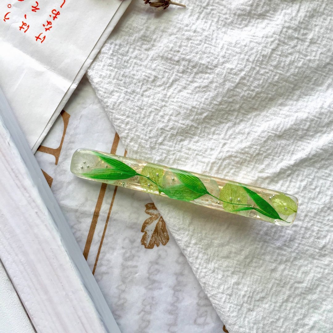 绿色燕麦发夹 【绿色校草】 干燥花 植物 扁长方形 - 发饰 - 树脂 绿色