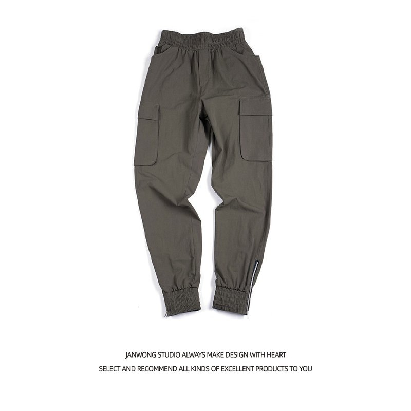 JANWONG军绿色工装束口裤春夏季潮流休闲男裤子束脚裤日系九分裤 - 男士长裤 - 棉．麻 绿色