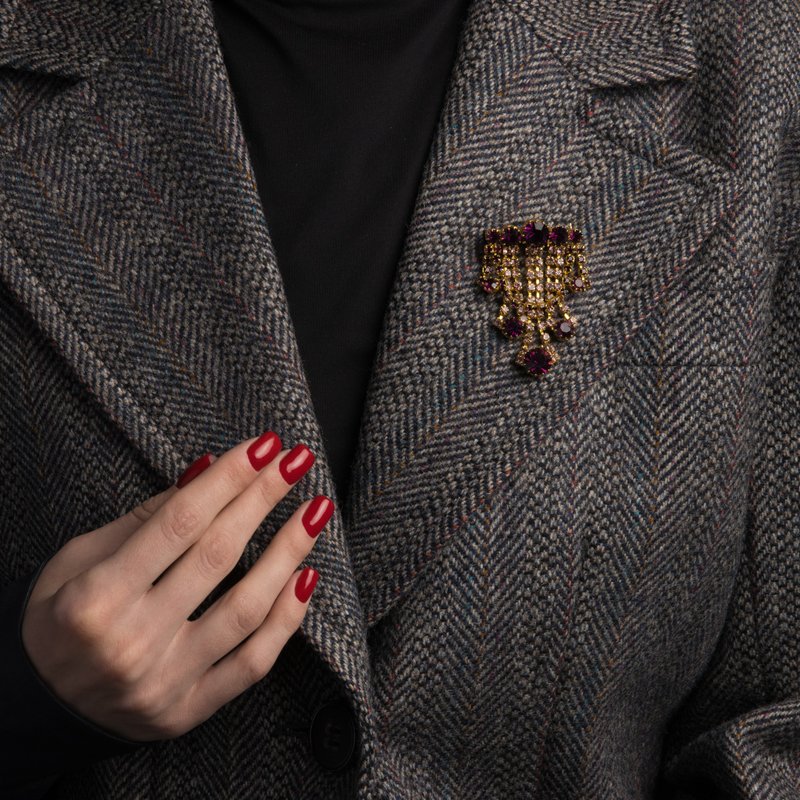 古董级奥地利捷克深紫色水晶胸针 1950s 1960s - 胸针 - 其他材质 咖啡色