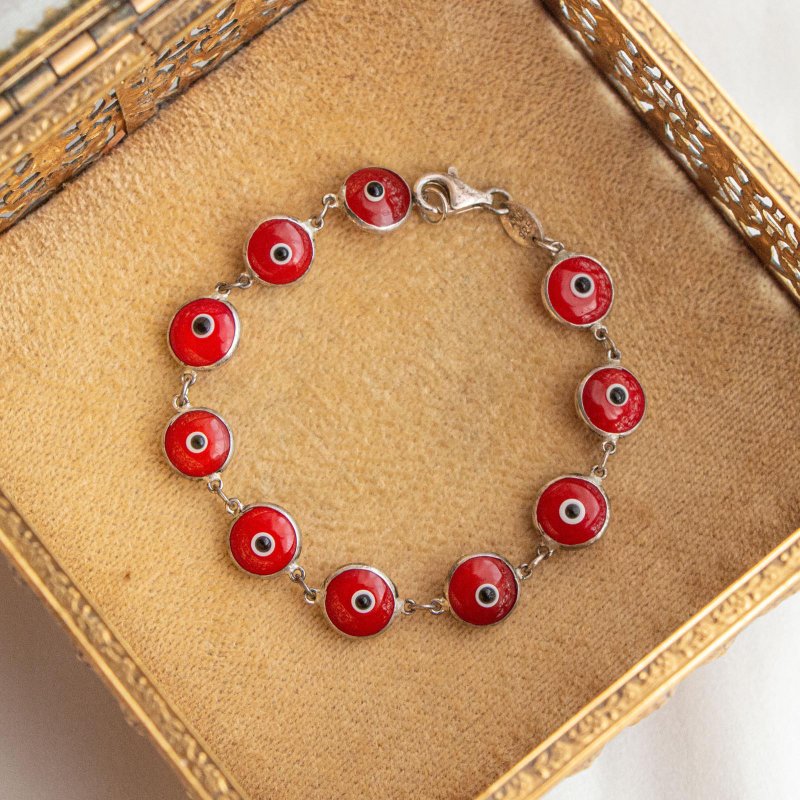 土耳其古董 手工琉璃红色恶魔之眼护身符 纯银手链 - 手链/手环 - 玻璃 红色