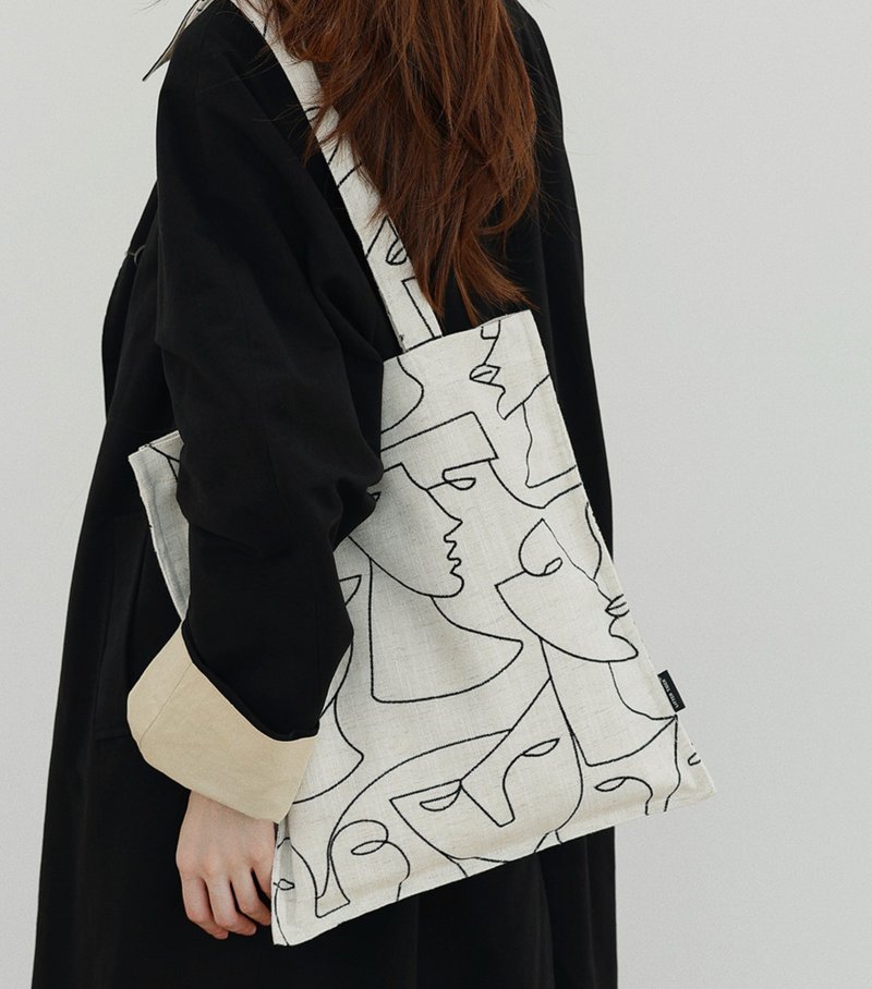 【脸】森系复古文青/高级感抽象人脸刺绣单肩布包 - 侧背包/斜挎包 - 其他材质 白色