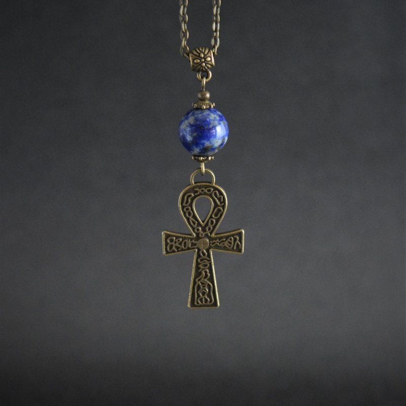 Ankh Lapis Lazuli 项链宝石古董青铜埃及钥匙十字架项链 - 项链 - 宝石 蓝色