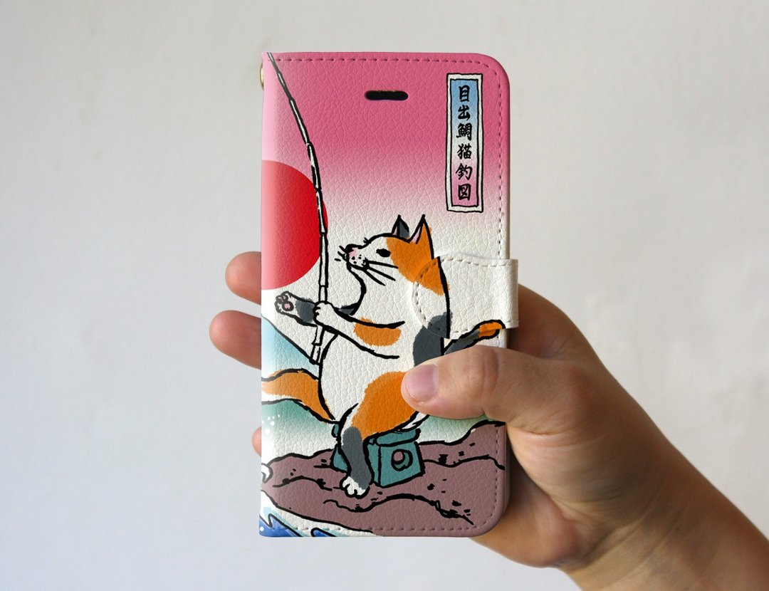 Mt. Fuji and cat iPhone cover / notebook type Ukiyo-e style - 手机壳/手机套 - 纸 红色