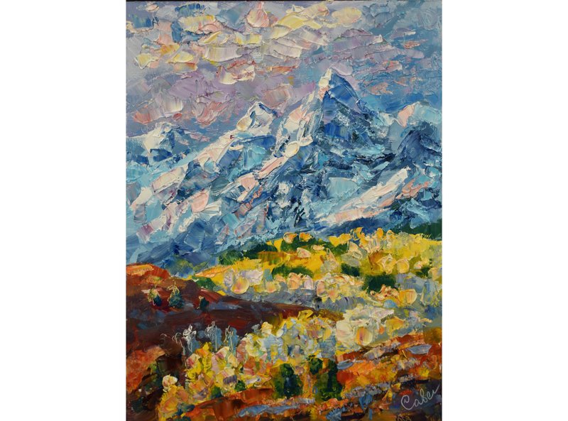 Mountains Painting Landscape Original Art America Artwork Oil Rockies Impasto - 海报/装饰画/版画 - 木头 多色