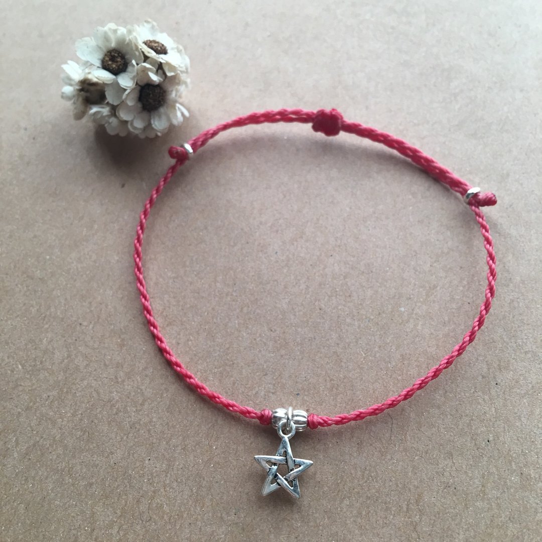 五角星星/巴西蜡线/纯银编织手链 / 925 silver bracelet / 脚链 - 手链/手环 - 其他金属 红色
