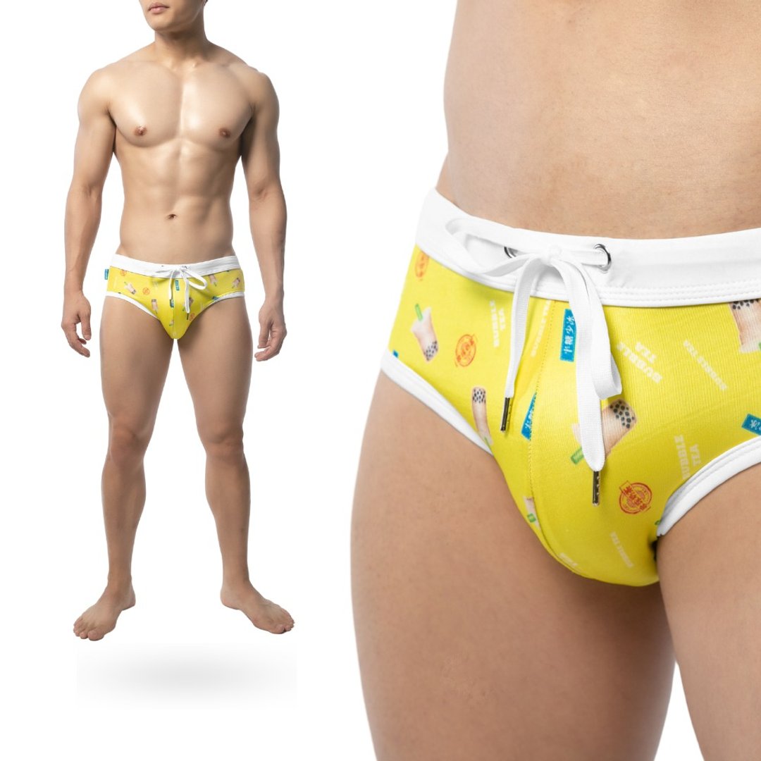 AttentionWear台湾好味系列三角泳裤【珍珠奶茶】│泡汤温泉 游泳 - 男装泳裤 - 聚酯纤维 黄色