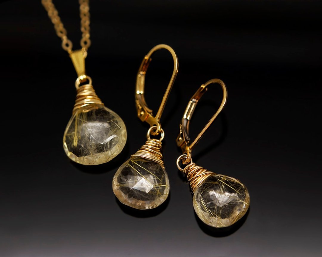 Golden Rutilated Quartz earring necklace set for women Bridal wedding jewelry - 项链 - 半宝石 金色