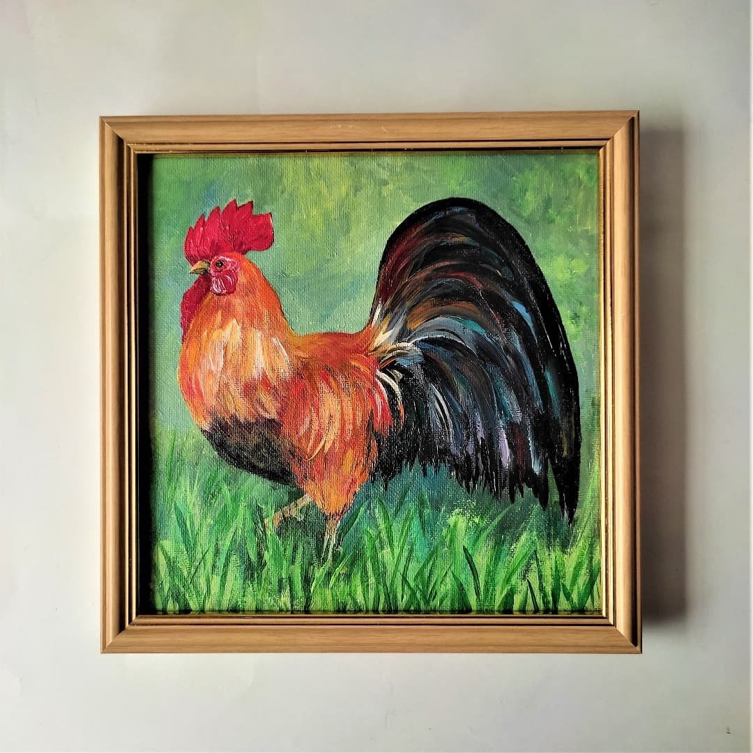 Bird wall art framed Rooster bird painting impasto wall decoration 掛畫 - 墙贴/壁贴 - 压克力 多色