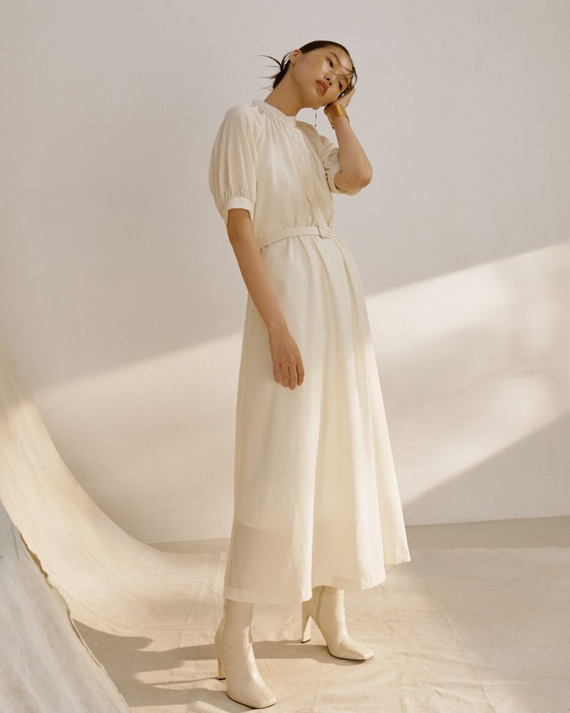 细皱褶澎袖开襟长洋装  /象牙白 - 洋装/连衣裙 - 其他材质 白色