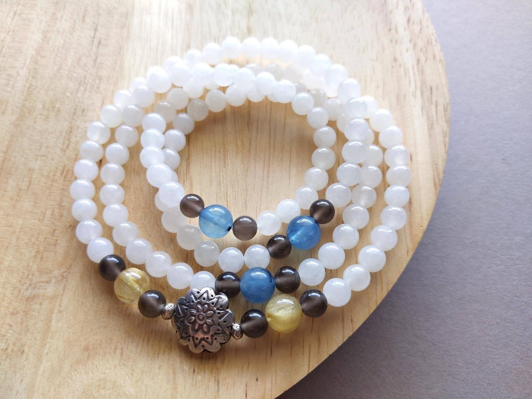ORLI Jewelry 天然和阗玉白玉108颗念珠 多圈手链 和田玉白玉佛珠 - 手链/手环 - 宝石 白色