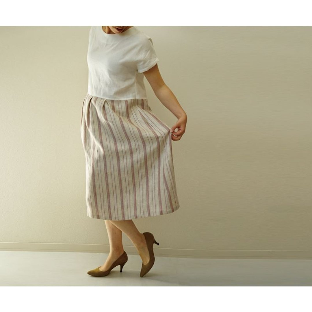 [Wafu] bi-color Linen stripe dress / White / Lame stripe a13-30 - 洋装/连衣裙 - 棉 多色