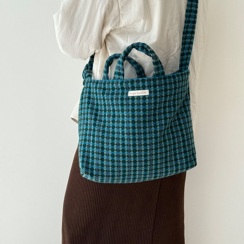 冬季森系墨绿色小众羊毛格纹毛呢挎包手提包单肩包 - 侧背包/斜挎包 - 羊毛 绿色