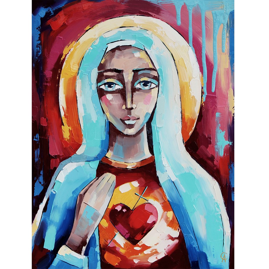 Virgin Mary Painting Our Lady Original Art Christian Artwork Catholic Wall Art - 海报/装饰画/版画 - 其他材质 红色