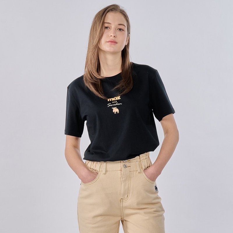 moz瑞典 草写驼鹿 舒适柔棉 100%纯棉短T-经典黑(亚洲版)女款 - 女装 T 恤 - 棉．麻 黑色