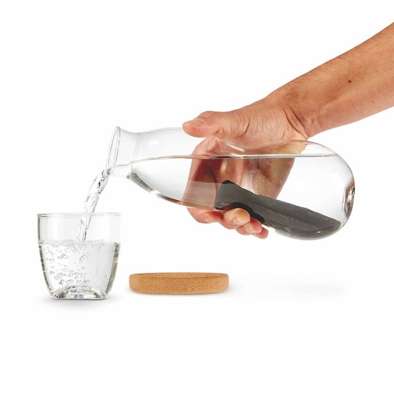 备长炭滤芯玻璃水瓶 27oz (800ml) - 附小水杯及水松木杯垫 - 玻璃杯 - 玻璃 透明