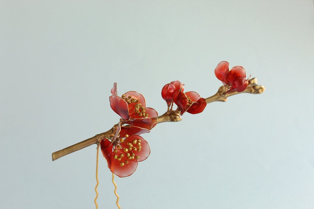 发夹金树枝盛开的红樱花 - 发饰 - 其他材质 红色