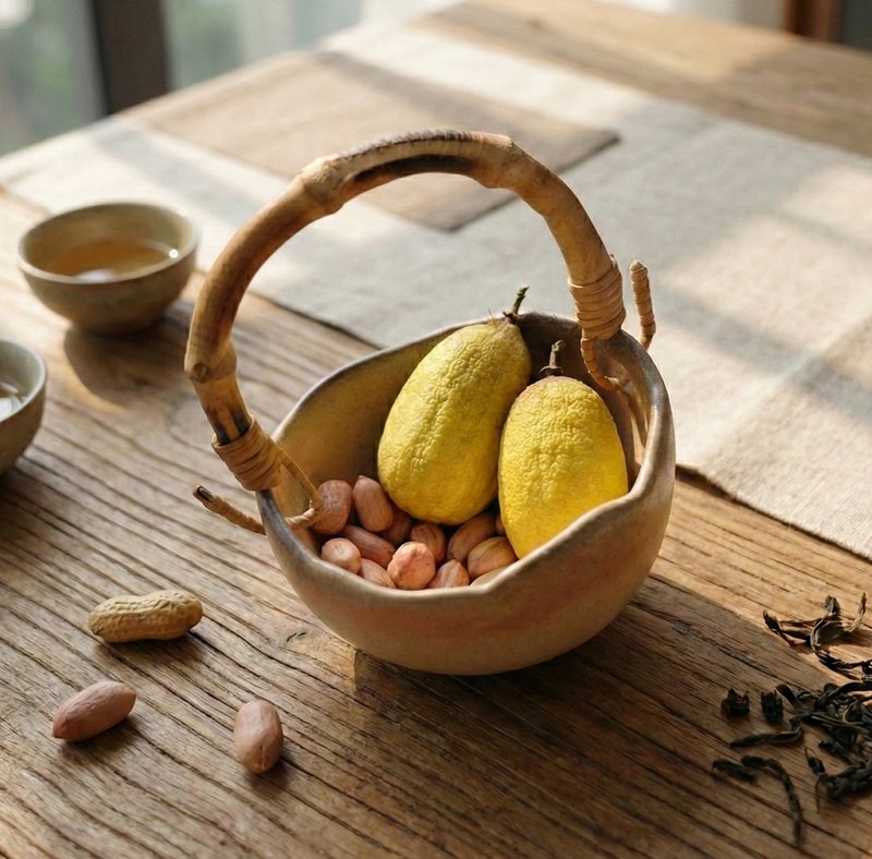 手工柴烧・竹节提把古韵小果篮・居家摆饰・乔迁贺礼 - 茶具/茶杯 - 陶 